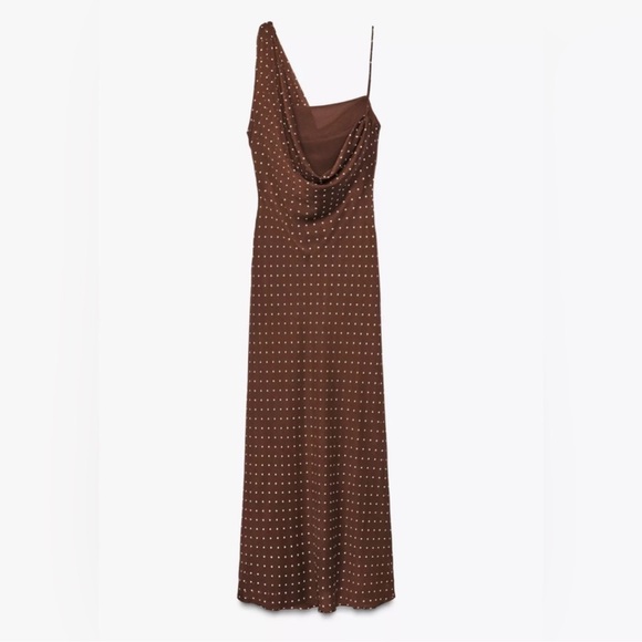 ZARA Brown Draped Neck Polka Dot Maxi Dress - Picture 5 of 15